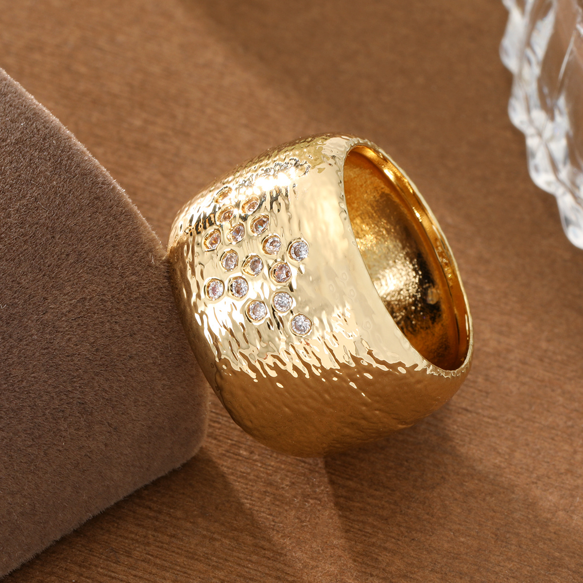 Women's Hammered Wide Band Ring with Starry Sky Synthetic Zircon